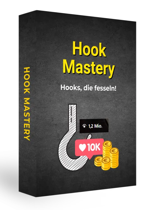 Schwarze Kursbox Hook Mastery mit dem Untertitel Hooks, die fesseln, einer Haken-Grafik und Euro-Münzen