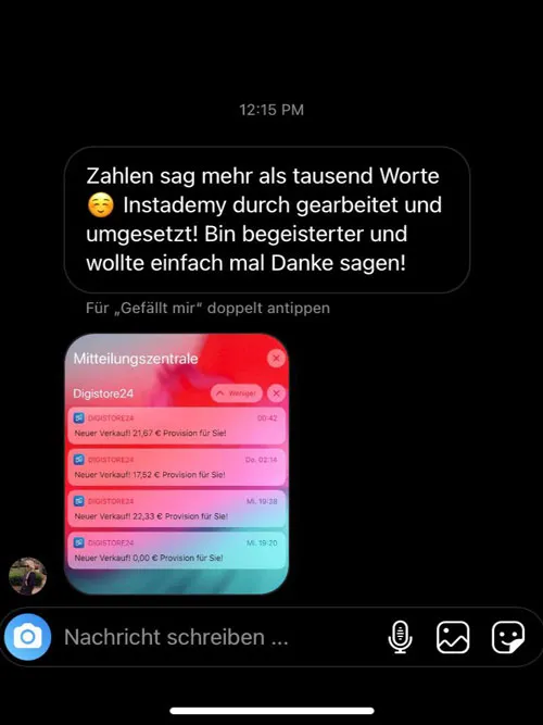 Instagram-Nachricht eines Kunden, der Instademy durchgearbeitet hat, mit Digistore24-Verkaufsbenachrichtigungen