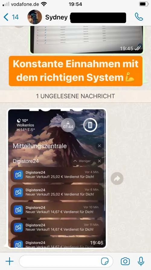 WhatsApp-Screenshot von Sydney mit Digistore24-Benachrichtigungen: Konstante Einnahmen mit dem richtigen System