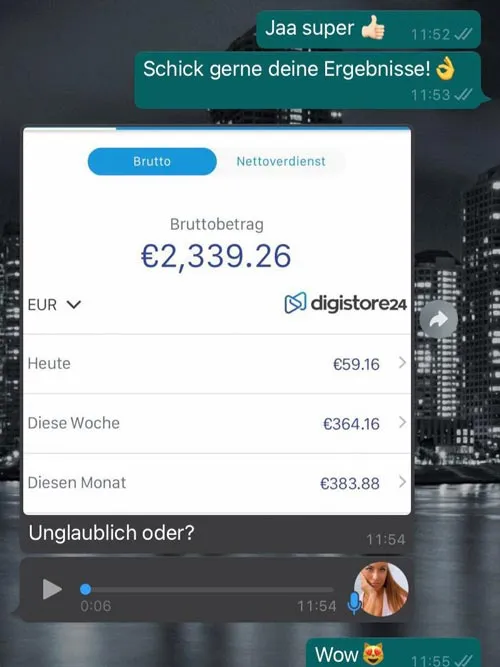 Chat-Screenshot mit Digistore24-Auswertung von 2.339,26 € brutto eines Instademy-Kunden