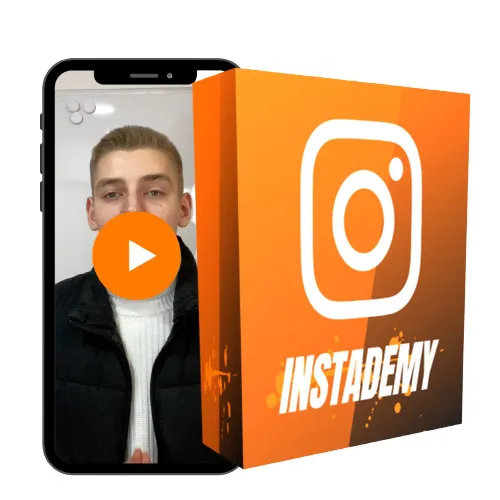 Orange Instademy-Kursbox mit Instagram-Logo neben einem Smartphone mit Fynn Diroll im Video