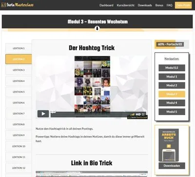 Lektion Der Hashtag Trick in Modul 3 mit Navigation und Arbeitsbuch-Download im Design der Instagram Masterclass