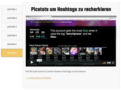 Lektion Picstats um Hashtags zu recherchieren aus dem Analyse-Modul der Instagram Masterclass