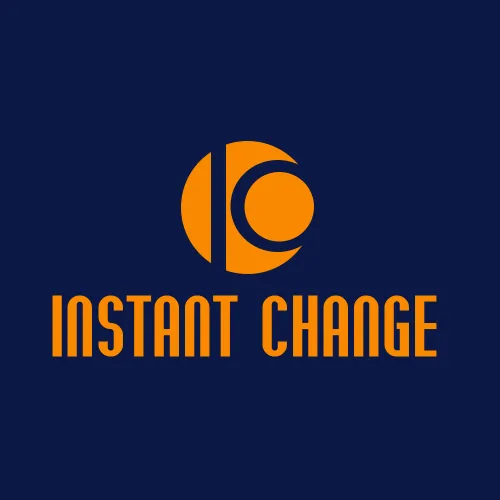 Orangefarbenes Instant Change Logo auf dunkelblauem Hintergrund