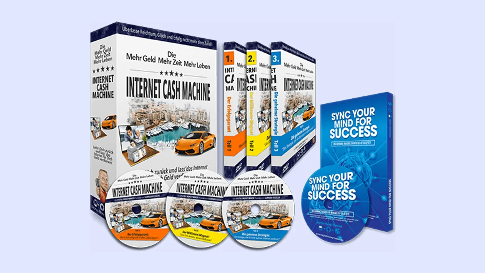 Produktgrafik der Internet Cash Machine von Gunnar Kessler mit drei Kursteilen und dem Bonus Sync Your Mind For Success