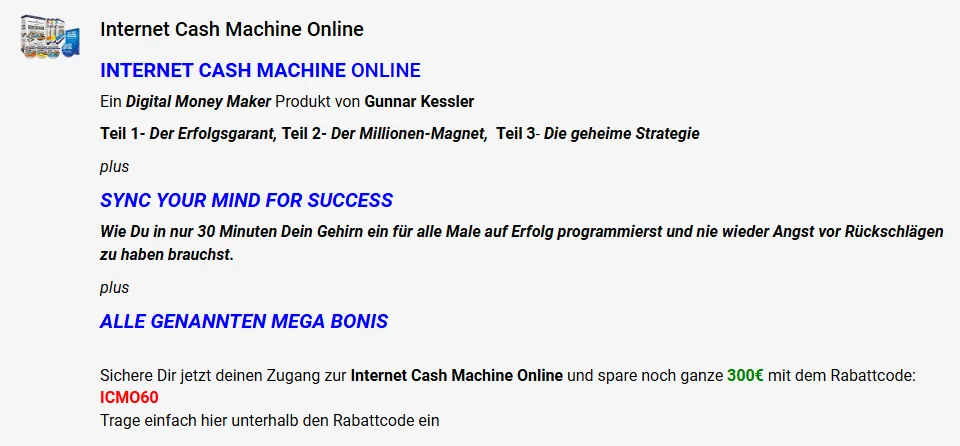 Bestellformular der Internet Cash Machine Online mit den drei Teilen Erfolgsgarant, Millionen-Magnet und geheime Strategie sowie dem Bonus Sync Your Mind For Success