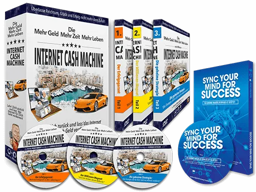 Produktgrafik der Internet Cash Machine mit den drei Kursteilen und dem Bonus Sync Your Mind For Success