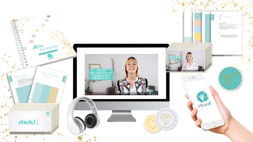 Inhalte von intueat: Workbook, Audio-App auf dem Smartphone, Videos auf dem Monitor und Kopfhörer