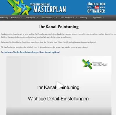 Lektion Ihr Kanal-Feintuning im Mitgliederbereich des Videomarketing Masterplan von Jürgen Saladin