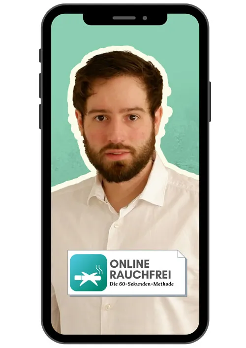 Jan Kern auf einem Smartphone-Bildschirm mit dem Logo von Online Rauchfrei