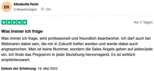 Fünf-Sterne-Bewertung von Elisabetta Reist: Fragen werden bei den Sales Angels professionell beantwortet
