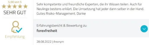 Bewertung von Forex Freiheit mit 5 von 5 Sternen: sehr kompetente und freundliche Experten mit gutem Risiko-Management