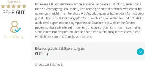 Fünf-Sterne-Bewertung von Marina B. zur gut strukturierten HD Ausbildung von Karo und Claudio