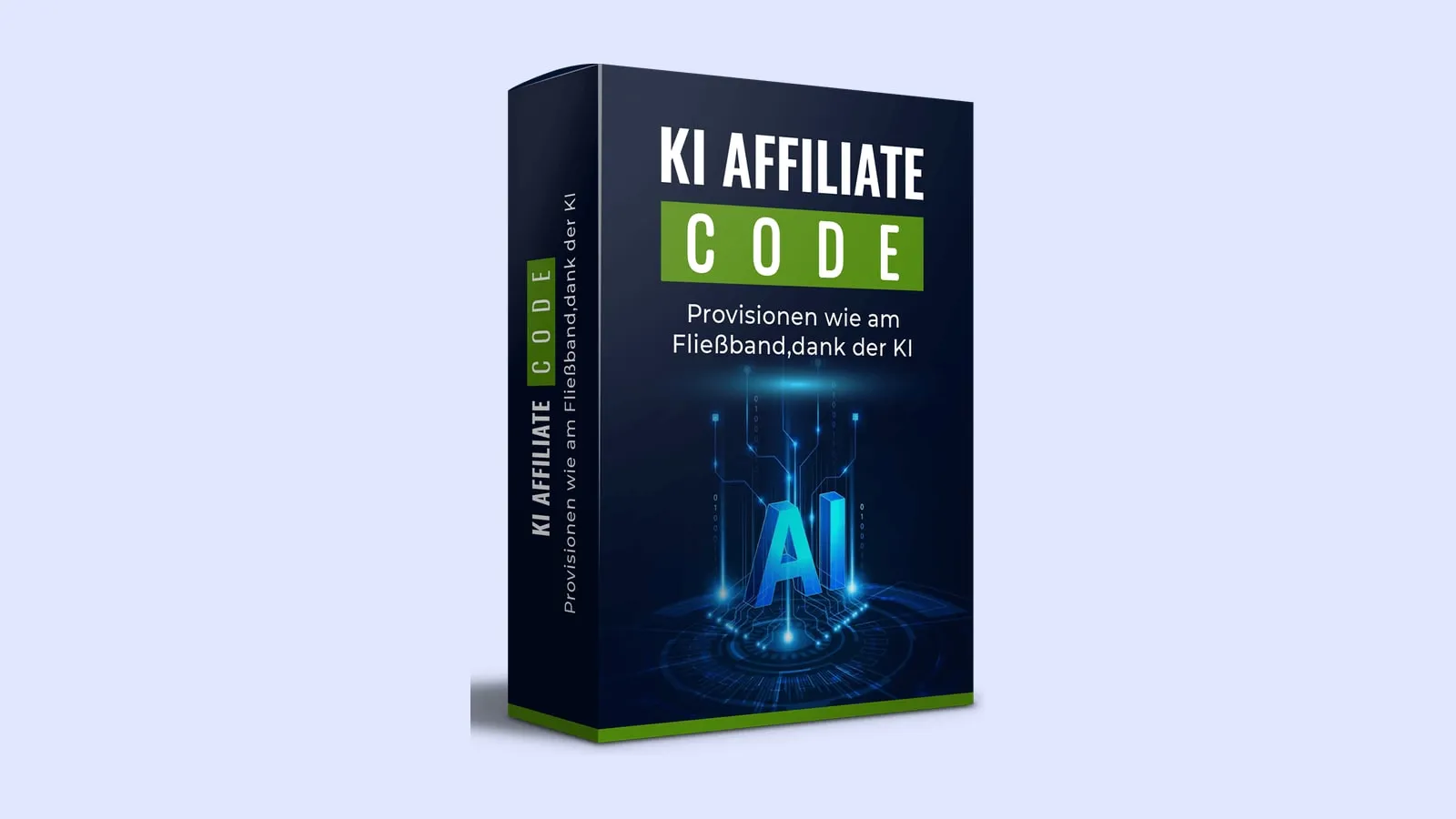 Produktbox des KI Affiliate Code mit grünem CODE-Balken und dem Schriftzug Provisionen wie am Fließband dank der KI