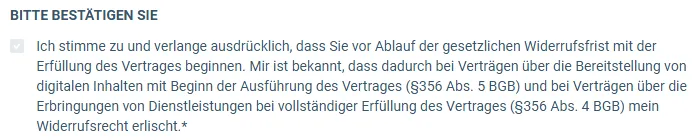 Bestätigung im Bestellformular des KI Affiliate Code zum Beginn vor Ablauf der Widerrufsfrist