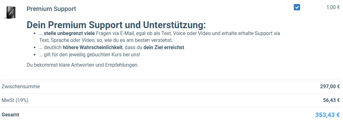 Bestellformular des KI Affiliate Code mit Premium Support für 1 Euro, Zwischensumme 297 Euro und Gesamtpreis 353,43 Euro