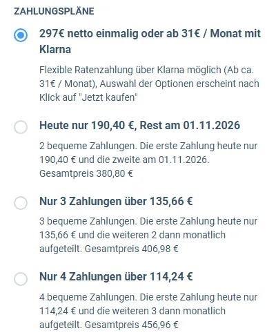 Zahlungspläne im Bestellformular des KI Affiliate Code mit Einmalzahlung und zwei, drei oder vier Raten