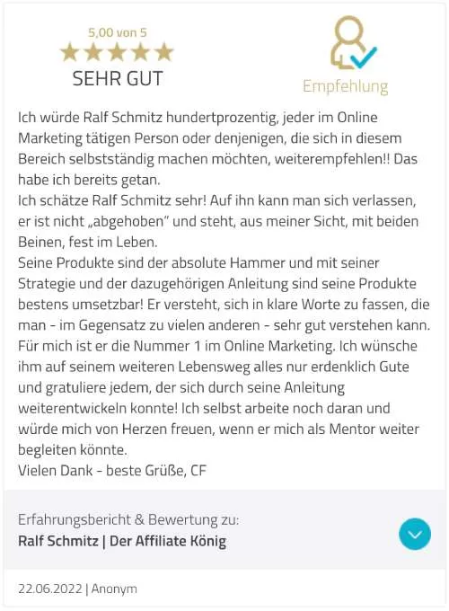 Fünf-Sterne-Erfahrungsbericht über Ralf Schmitz, der Affiliate König, mit Weiterempfehlung