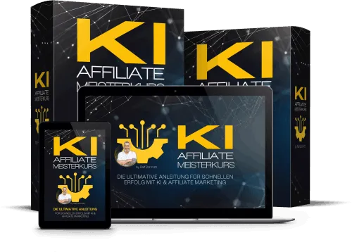 Schwarz-gelbe Kursboxen des KI Affiliate Meisterkurses mit Laptop und Tablet