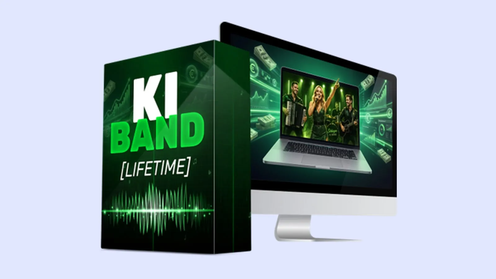 Produktgrafik des KI Band Systems mit grüner Softwarebox und Bildschirm, auf dem eine Band auf der Bühne zu sehen ist