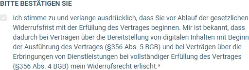 Text des Häkchens zum Widerrufsrecht im Bestellformular des KI Band Systems