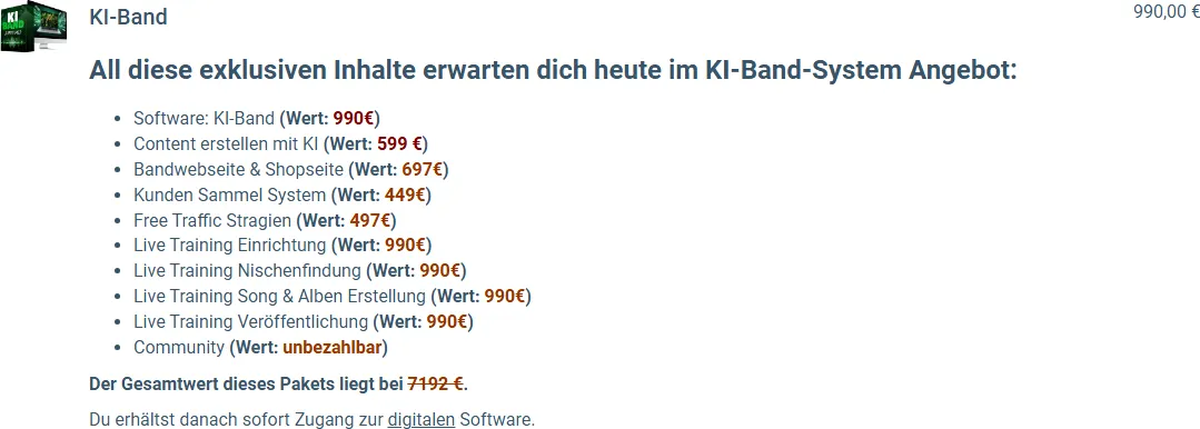 Paketliste mit zehn Bausteinen von der Software KI-Band bis zur Community und Preis 990 Euro netto
