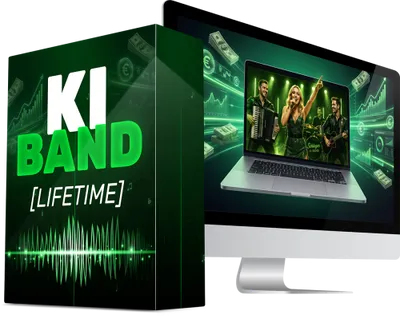 Grüne Softwarebox mit der Aufschrift KI Band neben einem Bildschirm, auf dem eine Band auf der Bühne steht