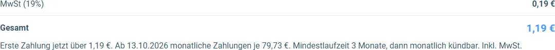 Preiszeile im Bestellformular der KI Business Cash Box mit erster Zahlung und Monatsbetrag