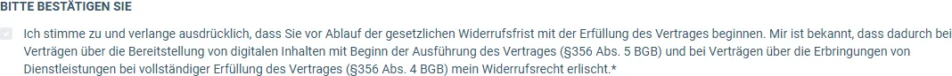 Bestätigungstext im Bestellformular der KI Business Cash Box zum Beginn vor Ablauf der Widerrufsfrist