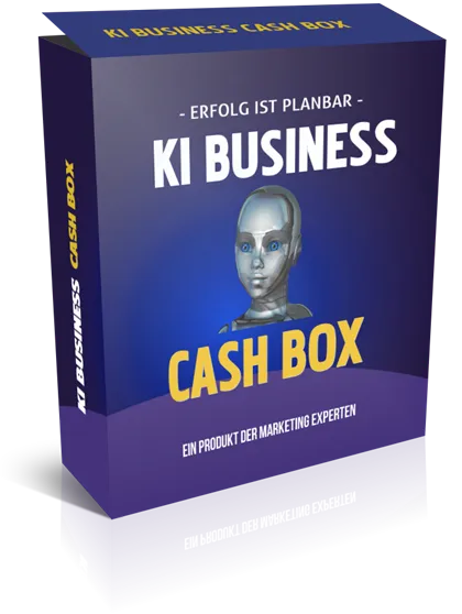Produktbox der KI Business Cash Box mit Roboterkopf und dem Schriftzug Erfolg ist planbar