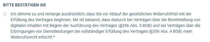 Ausschnitt aus dem Bestellformular des KI Chart Stürmer mit dem Text, mit dem Käufer dem Start vor Ablauf der Widerrufsfrist zustimmen