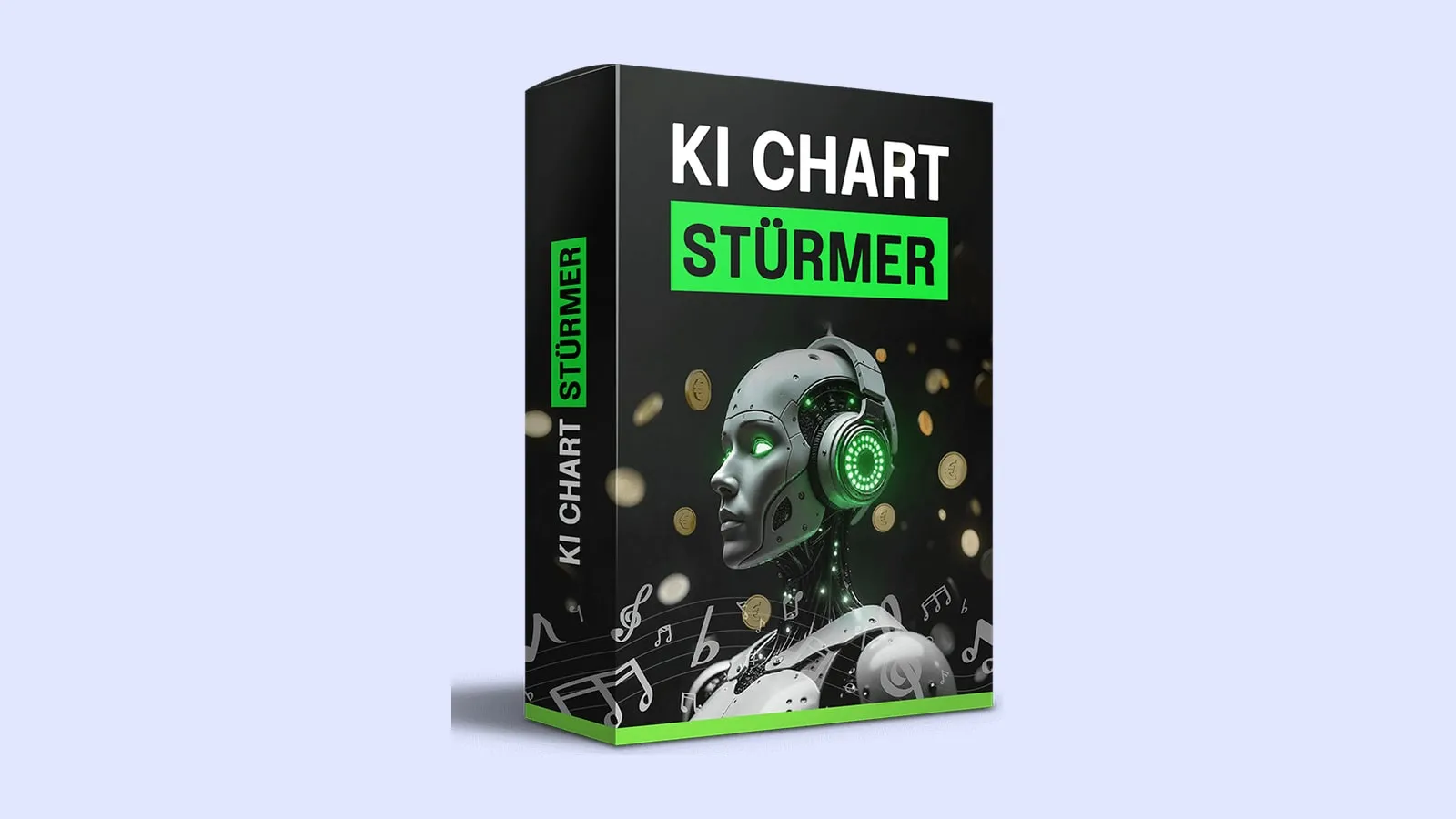 Schwarze Kursbox des KI Chart Stürmer mit grünem Schriftzug, Roboterkopf mit Kopfhörern, Münzen und Noten
