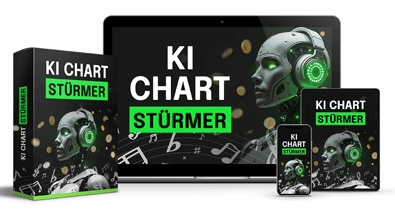 Kursbox des KI Chart Stürmer neben Laptop, Tablet und Smartphone, die jeweils die Titelgrafik des Kurses zeigen