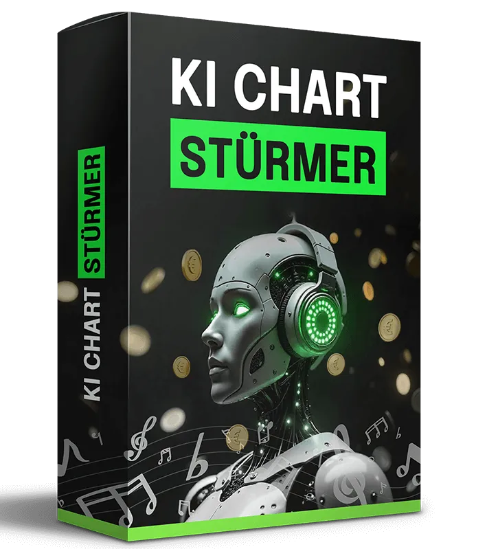 Schwarze Kursbox mit dem Schriftzug KI Chart Stürmer, daneben ein Roboterkopf mit grün leuchtenden Kopfhörern, Münzen und Musiknoten