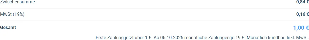 Bestellübersicht des KI-Dojo mit Zwischensumme, Mehrwertsteuer und einer ersten Zahlung von 1 Euro