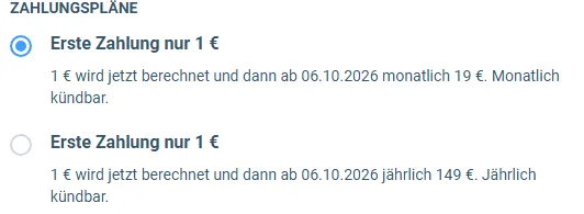 Zahlungspläne des KI-Dojo im Bestellformular mit Monatsplan und Jahresplan