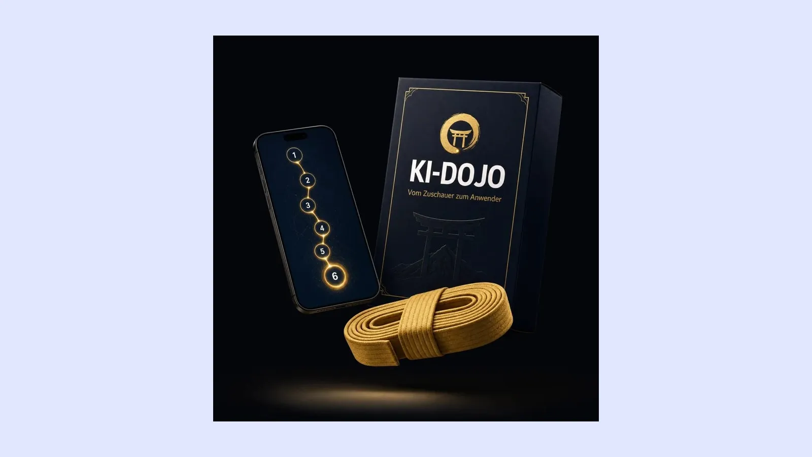 Produktbild des KI-Dojo mit Smartphone, dunkler Box und goldenem Karate-Gürtel