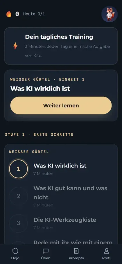 Handy-Ansicht des KI-Dojo mit täglichem Training und den ersten Einheiten des weißen Gürtels