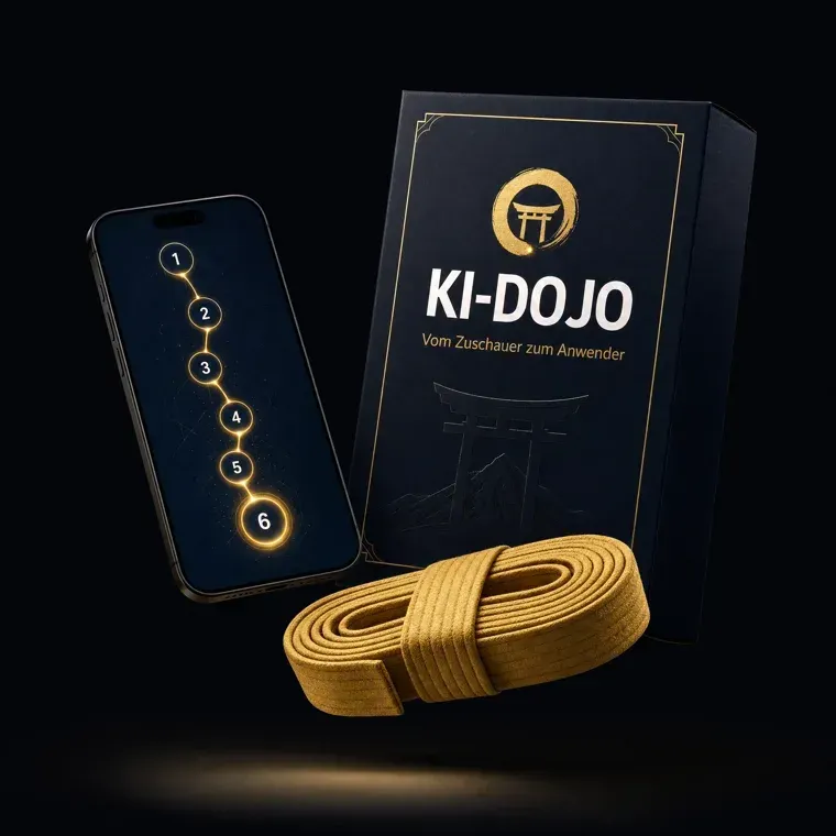 Produktbild des KI-Dojo mit Smartphone, dunkler Box mit Torii-Logo und goldenem Gürtel