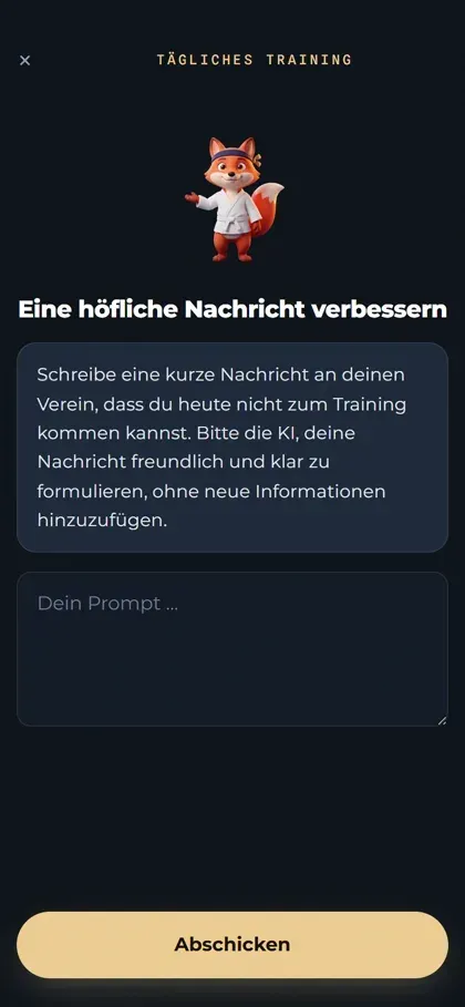 Tägliche Trainingsaufgabe im KI-Dojo mit dem Fuchs Kito und einem Eingabefeld für den eigenen Prompt