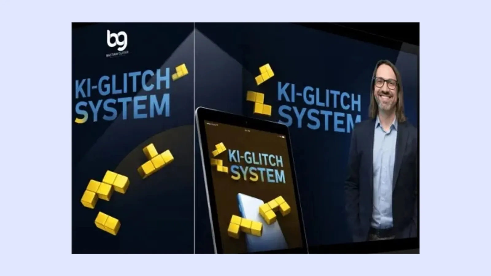 Produktgrafik des KI-Glitch-Systems mit Kursbox, Tablet und Bastian Gläser vor dunkelblauem Hintergrund mit gelben Bausteinen