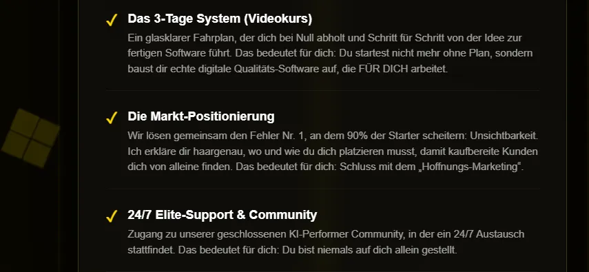 Liste der Bausteine des KI-Glitch-Systems auf der Kursseite: 3-Tage System, Markt-Positionierung sowie Support und Community