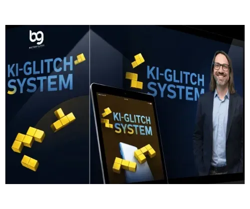 Kursbox und Tablet mit dem Schriftzug KI-Glitch System, daneben Bastian Gläser im dunklen Sakko