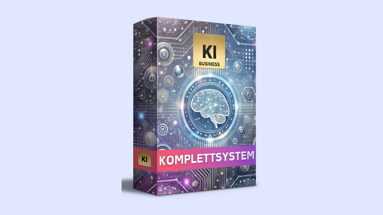 Kursbox des KI-Komplett-Systems mit Gehirn-Grafik und dem Schriftzug KI Business Komplettsystem