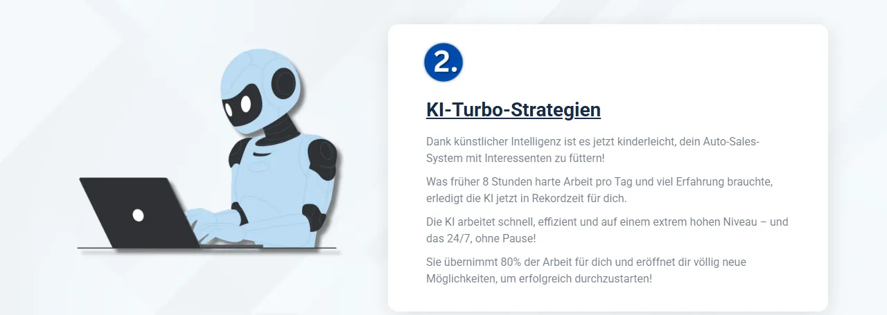 Baustein KI-Turbo-Strategien auf der Angebotsseite des KI-Komplett-Systems mit Roboter am Laptop