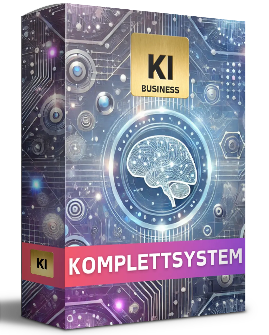 Kursbox des KI-Komplett-Systems von Cyril Obeng mit Gehirn-Grafik und dem Schriftzug Komplettsystem