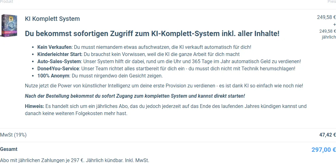 Bestellformular des KI-Komplett-Systems mit 297 Euro Gesamtpreis pro Jahr inklusive 47,42 Euro Mehrwertsteuer