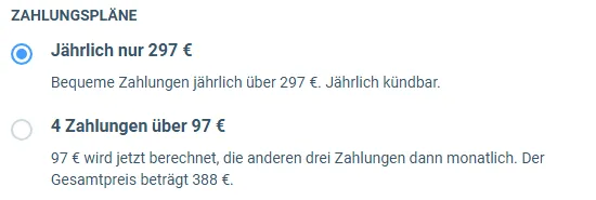 Zahlungspläne im Bestellformular des KI-Komplett-Systems: jährlich 297 Euro oder 4 Zahlungen über 97 Euro