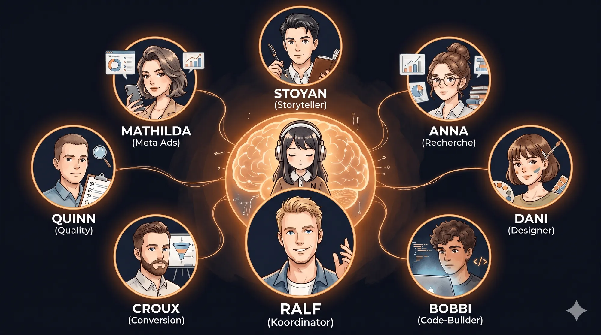 Illustration der KI-Crew des KI-Mitarbeiter-System mit Koordinator Ralf unten in der Mitte und den sieben Spezialisten ringsum