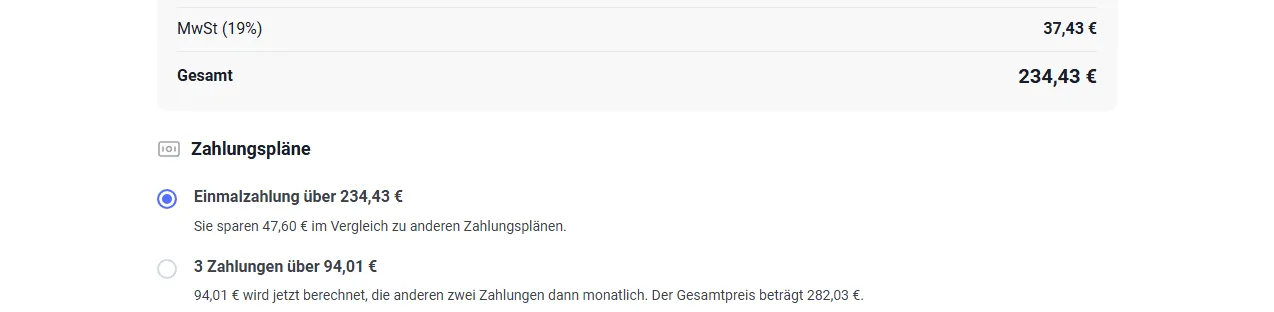 Zahlungspläne im Bestellformular des KI-Mitarbeiter-System mit Einmalzahlung über 234,43 Euro und drei Zahlungen über je 94,01 Euro
